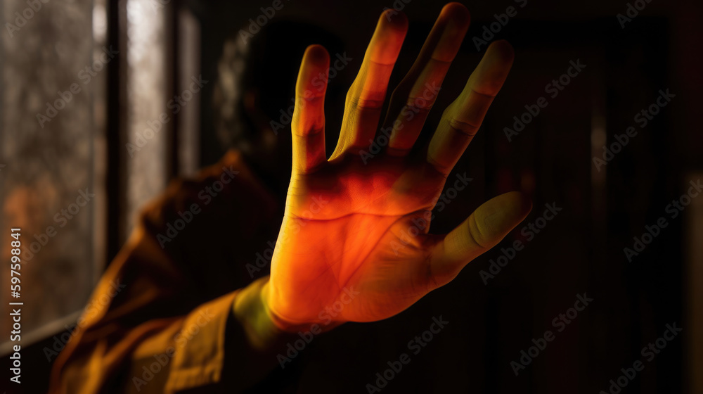 Verbergen - Stop Gebärde - Mann hält Hand vor sein Gesicht. Bild zum Thema psychische Gesundheit und soziale Angst und Depressionen - obrazy, fototapety, plakaty 