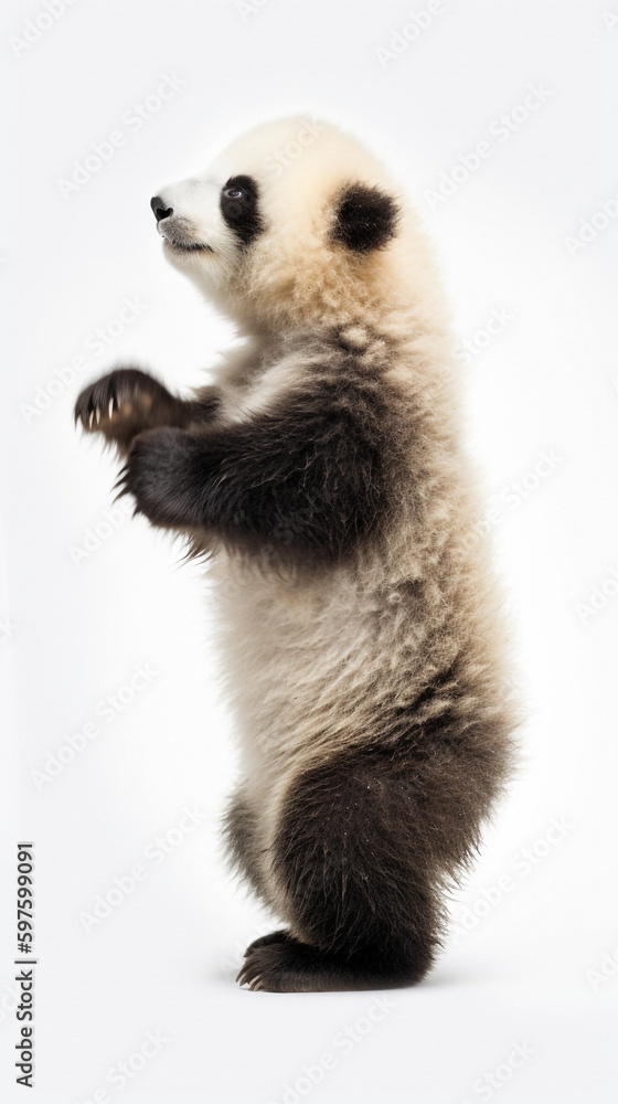Fototapeta premium Cute funny panda bear cub dancing isolated. Happy fuzzy baby panda for kids advertising. Ai generative art.