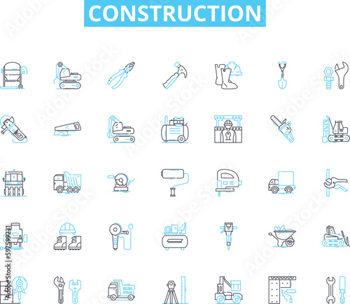 Construction linear icons set. Renovation, Framing, Roofing, Pouring, Demolition, Carpentry, Foundation line vector and concept signs. Blueprints,Concrete,Excavation outline illustrations