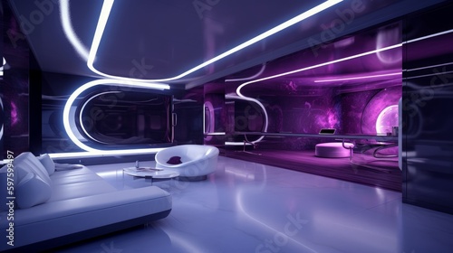 Experience Award-Winning Luxury Interior Design with Shiny Purple and Violet Walls, Enhanced by Bionic 8K HD Technology and Headphones, Generative AI