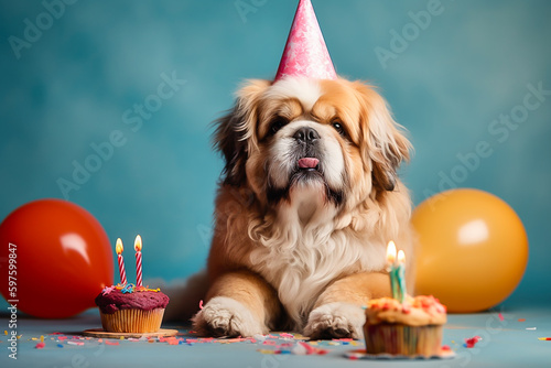 dog at a birthday party, studio, pastel colors, text space, image generated by AI photo
