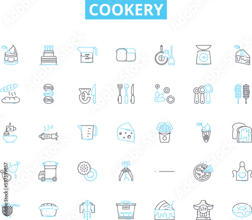 Cookery linear icons set. Spices, Recipe, Flavors, Baking, Seasoning, Fry, Grilled line vector and concept signs. Sauteed,Roasted,Simmer outline illustrations