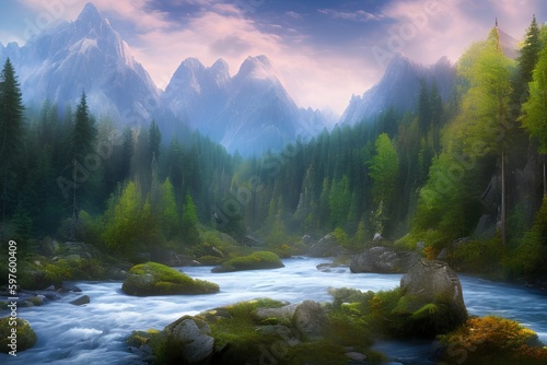 Foto View of the river descending from the mountain - generative ai