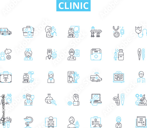 Clinic linear icons set. Healing, Recovery, Treatment, Caregiving, Health, Check-up, Specialist line vector and concept signs. Diagnosis,Consultation,Therapy outline illustrations