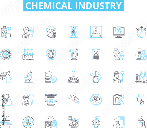 Chemical industry linear icons set. Polymer, Catalyst, Petrochemical, Solvent, Acid, Alkali, Reactor line vector and concept signs. Petrochemistry,Refining,Enzyme outline illustrations