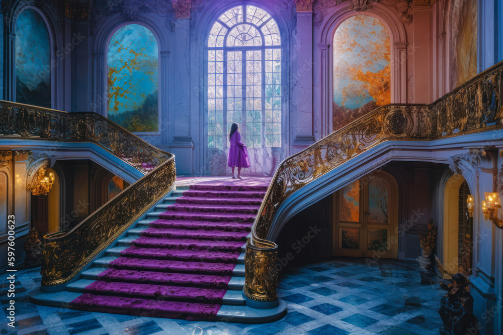 Purple luxury interior design architecture, woman on staircase looking out window. Generative AI