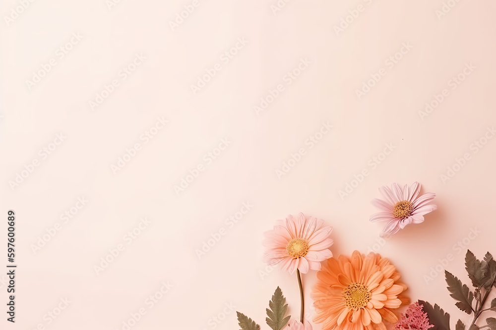 Fototapeta premium Flat lay with flowers and leafs, illustration, cute, minimalistic layout