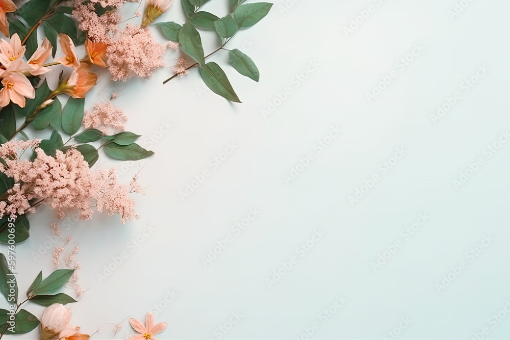 Flat lay with flowers and leafs, illustration, cute, minimalistic layout