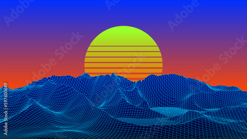 Futuristic 3d retro landscape with night sky, sunset on horizon. Digital style background of the 1980s. Blue neon mountains. Big data visualization. Vector illustration.