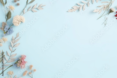 Flat lay with flowers and leafs, illustration, cute, minimalistic layout