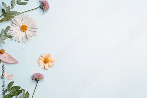 Flat lay with flowers and leafs, illustration, cute, minimalistic layout