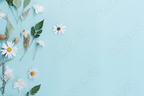 Flat lay with flowers and leafs, illustration, cute, minimalistic layout