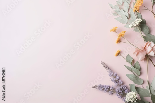Flat lay with flowers and leafs, illustration, cute, minimalistic layout