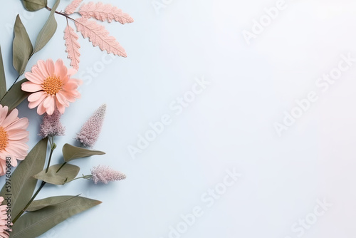 Flat lay with flowers and leafs, illustration, cute, minimalistic layout
