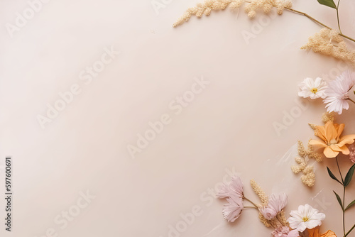 Flat lay with flowers and leafs, illustration, cute, minimalistic layout