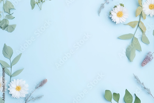 Flat lay with flowers and leafs, illustration, cute, minimalistic layout