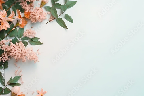 Flat lay with flowers and leafs, illustration, cute, minimalistic layout