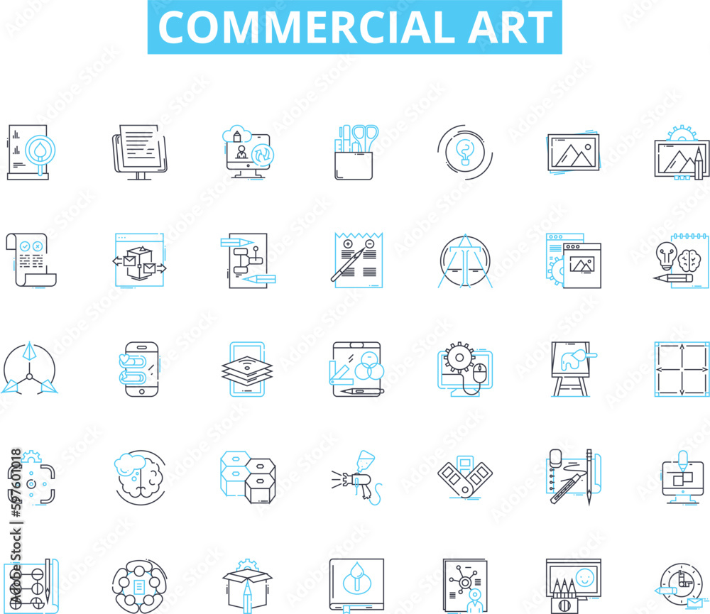 Commercial art linear icons set. Aesthetics, Creativity, Design, Graphics, Imagery, Advertising, Branding line vector and concept signs. Visuals,Typography,Illustration outline illustrations