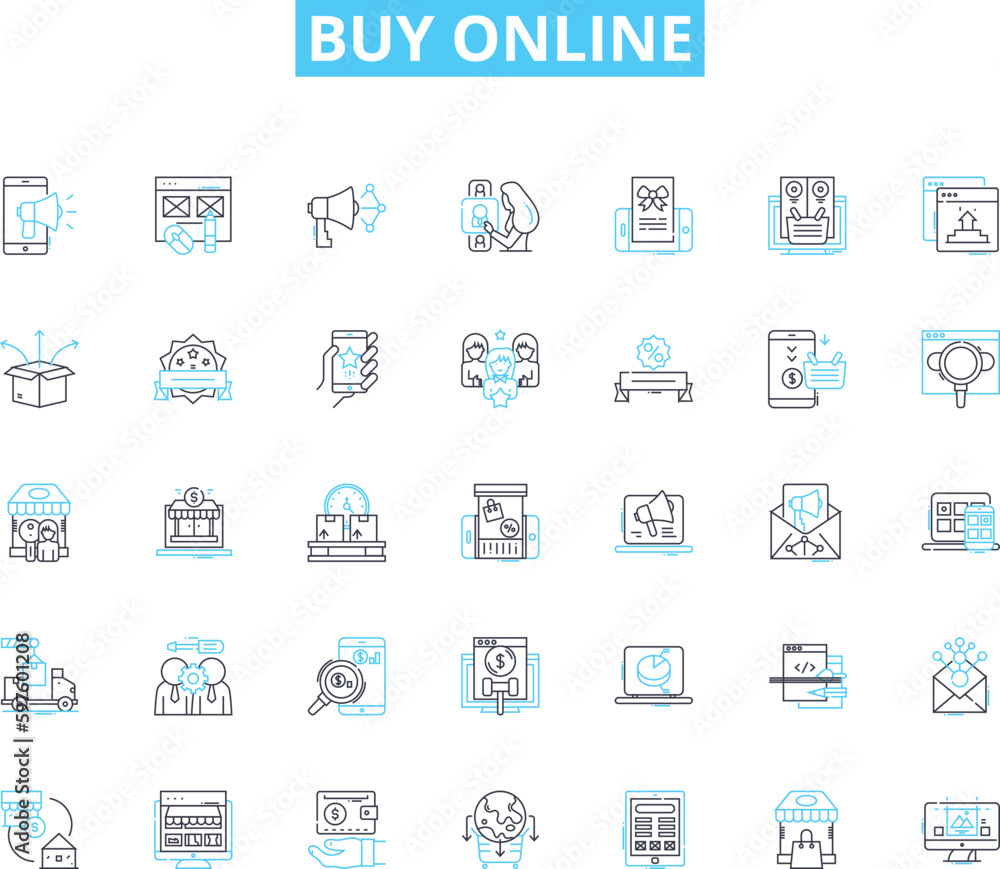 Buy online linear icons set. Convenience, Accessibility, Shop, Purchase, Browse, E-commerce, Online line vector and concept signs. Cyberspace,Digital,Internet outline illustrations
