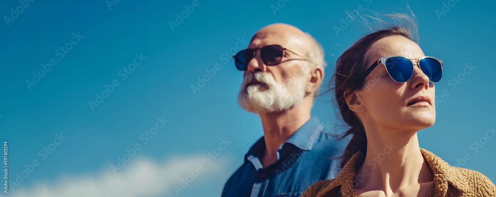 Portrait of couple of senior adult man and woman in sunglasses having fun together in friendship over blue sky. Sunglasses sale banner. summer vacation