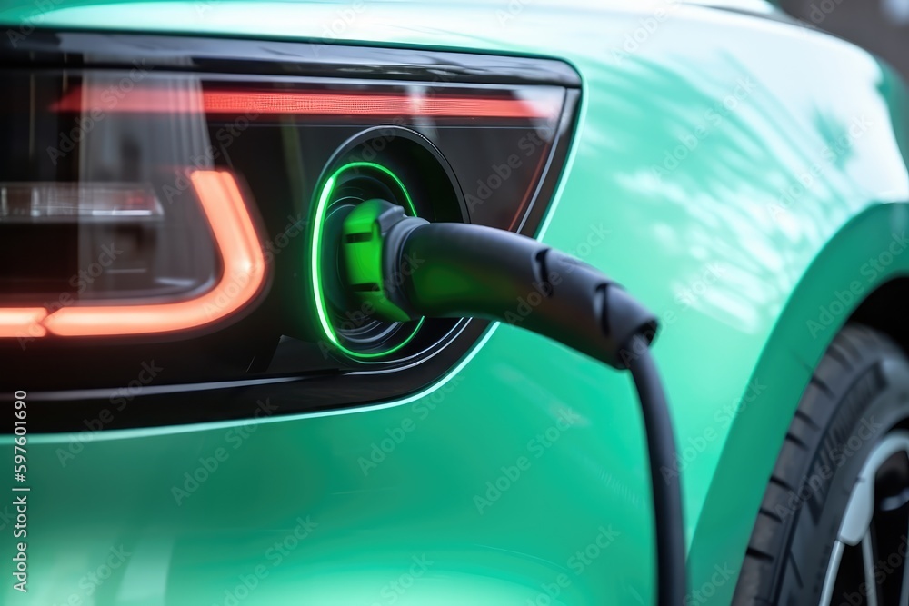 Electric car charging station close-up. Green electric car close up. Generative AI