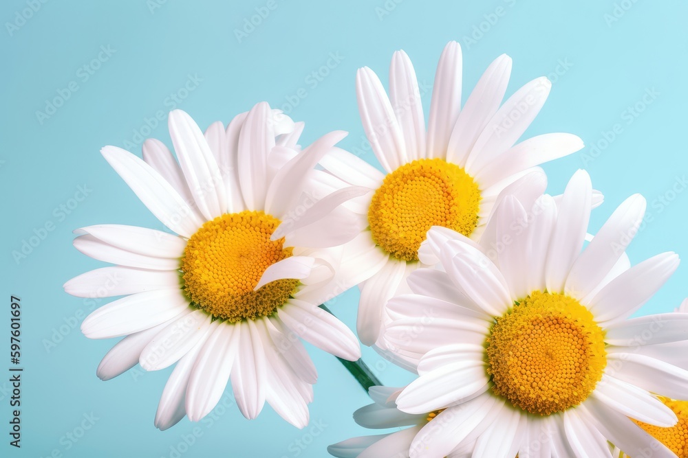 Beautiful daisies on blue background. Generative AI