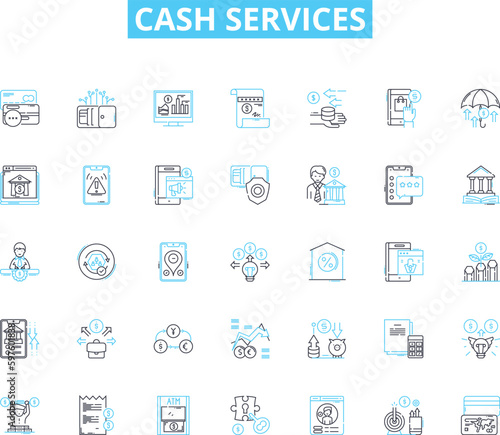 Cash services linear icons set. Loan, Deposit, Withdrawal, ATM, Credit, Debit, Exchange line vector and concept signs. Currency,Fund,Transfer outline illustrations