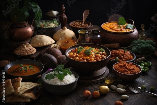 An assortment of delicious Indian dishes and appetizers, including curry, butter chicken, rice, lentils, paneer, samosa, arranged on a dark wooden background. Image generated by AI