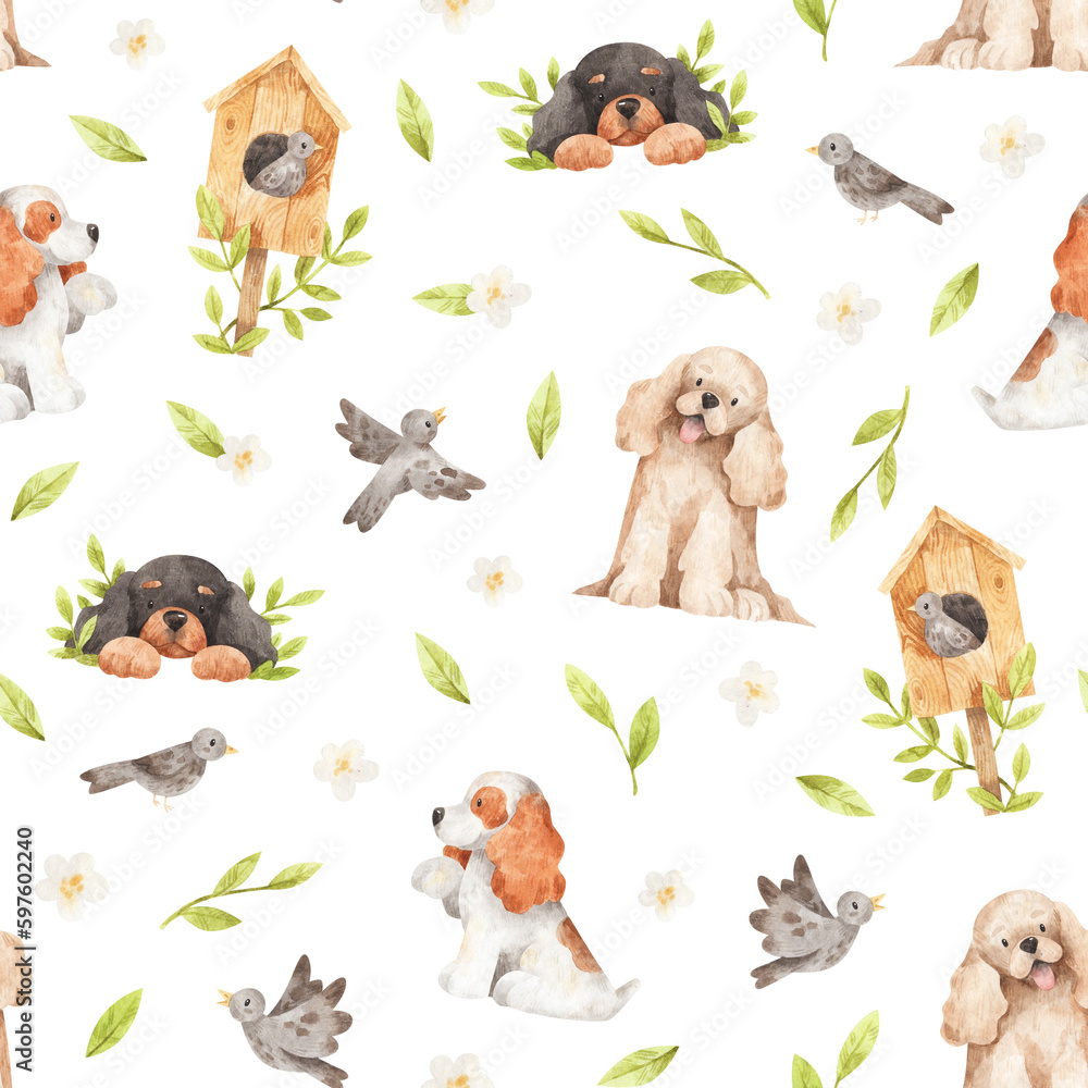 Fototapeta premium Pattern with american cocker spaniel. Spring seamless watercolor texture on white background. Hand-drawn pattern with dogs, birds, birdhouse