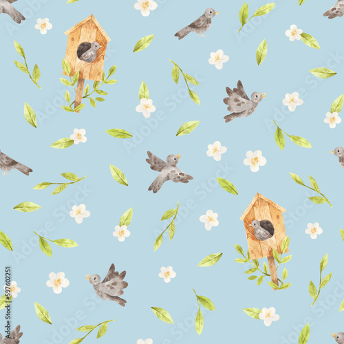Spring pattern with birds and flowers. Seamless watercolor texture on blue background. Hand-drawn pattern with birds  birdhouse  leaves  flowers