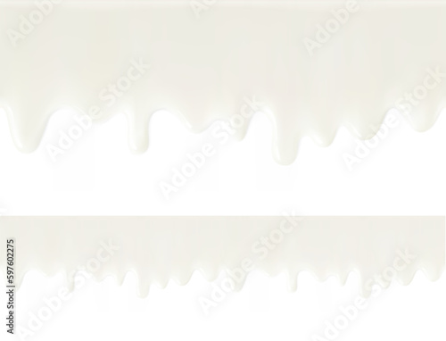 Realistic glossy seamless milk flowing drips. True color tone. Vector illustration isolated on white background. Easy to use on different backgrounds. EPS10.