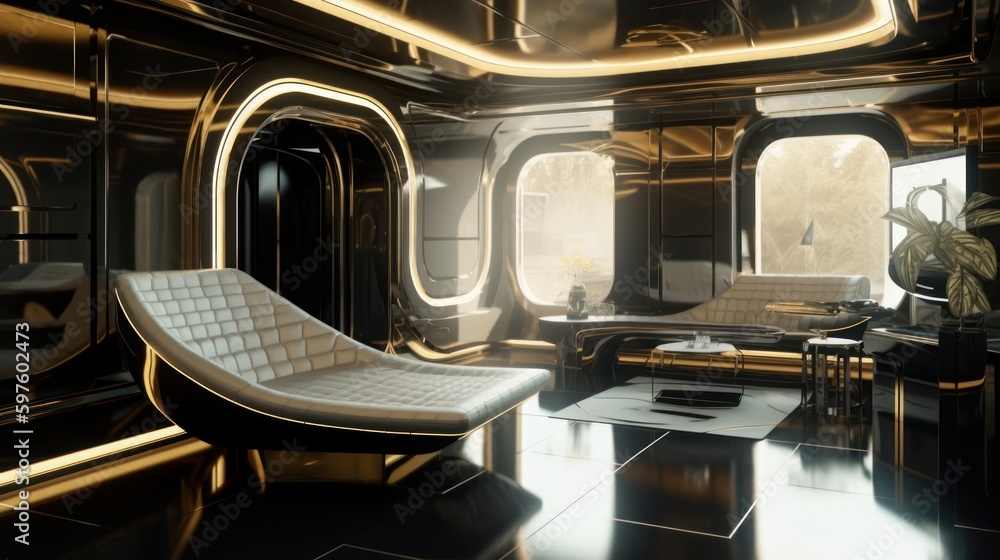 Fototapeta premium Shiny Gold and Black Interior Luxury with Bionic Design and Award-winning 8K HD Walls - Transport in Style with Metal Cars, Trains, Boats and More, Generative ai