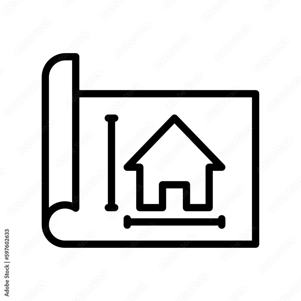 Icono de hoja de plano de casa. Concepto de arquitectura. Diseño y construcción. Ilustración vectorial Icono de hoja de plano de casa. Concepto de arquitectura. Diseño y construcción. Ilustración vectorial