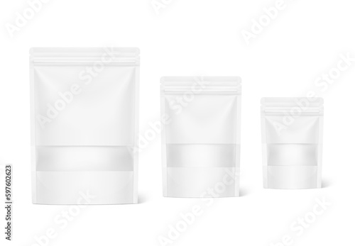 Three size stand up pouch bags with zipper mockup. Vector illustration isolated on white background. Front view. Realistic mockup will perfectly convey the benefits of your product. EPS10.	