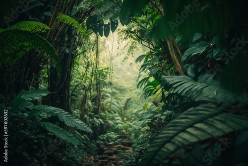 Experience the lush beauty of a dense rainforest in cinematic detail. Verdant green foliage as far as the eye can see. Generative AI.
