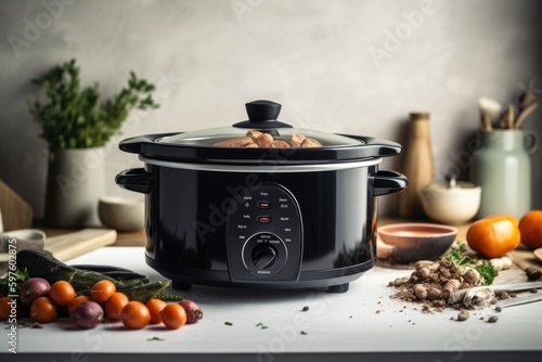 Black multicooker kitchenware food setting, kitchen appliance concept, ai generative photo