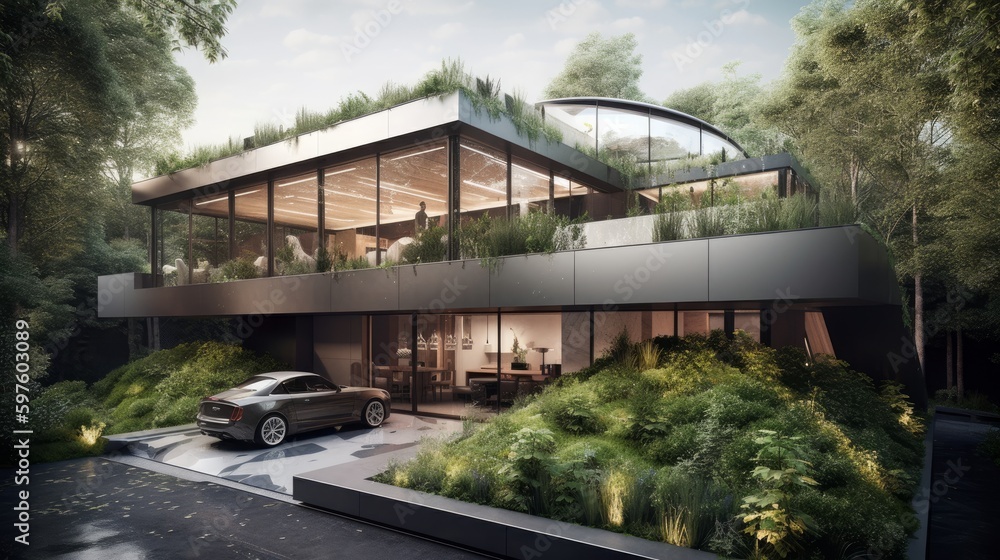 Carbon-negative luxury: A stunning home with rooftop garden & eco-friendly supercar actively reducing CO2 for a greener tomorrow, Generative ai Carbon-negative luxury: A stunning home with rooftop garden & eco-friendly supercar actively reducing CO2 for a greener tomorrow, Generative ai