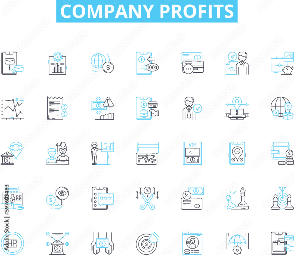 Company profits linear icons set. Earnings, Revenue, Income, Bonuses, Growth, Expenses, Margin line vector and concept signs. Net,Savings,Returns outline illustrations