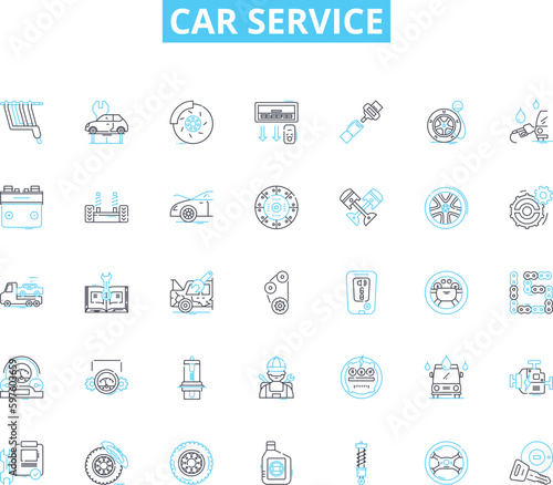 Car Service linear icons set. Maintenance, Repairs, Tune-ups, Diagnostics, Oil changes, Brakes, Suspension line vector and concept signs. Transmission,Engine,Air conditioning outline illustrations