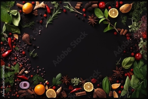 A variety of colorful herbs and spices for cooking arranged on a dark background. Image generated by AI