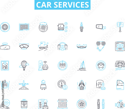 Car services linear icons set. Maintenance, Repair, Detailing, Restoration, Inspection, Towing, Alignment line vector and concept signs. OilChange,Tune-up,Brakes outline illustrations