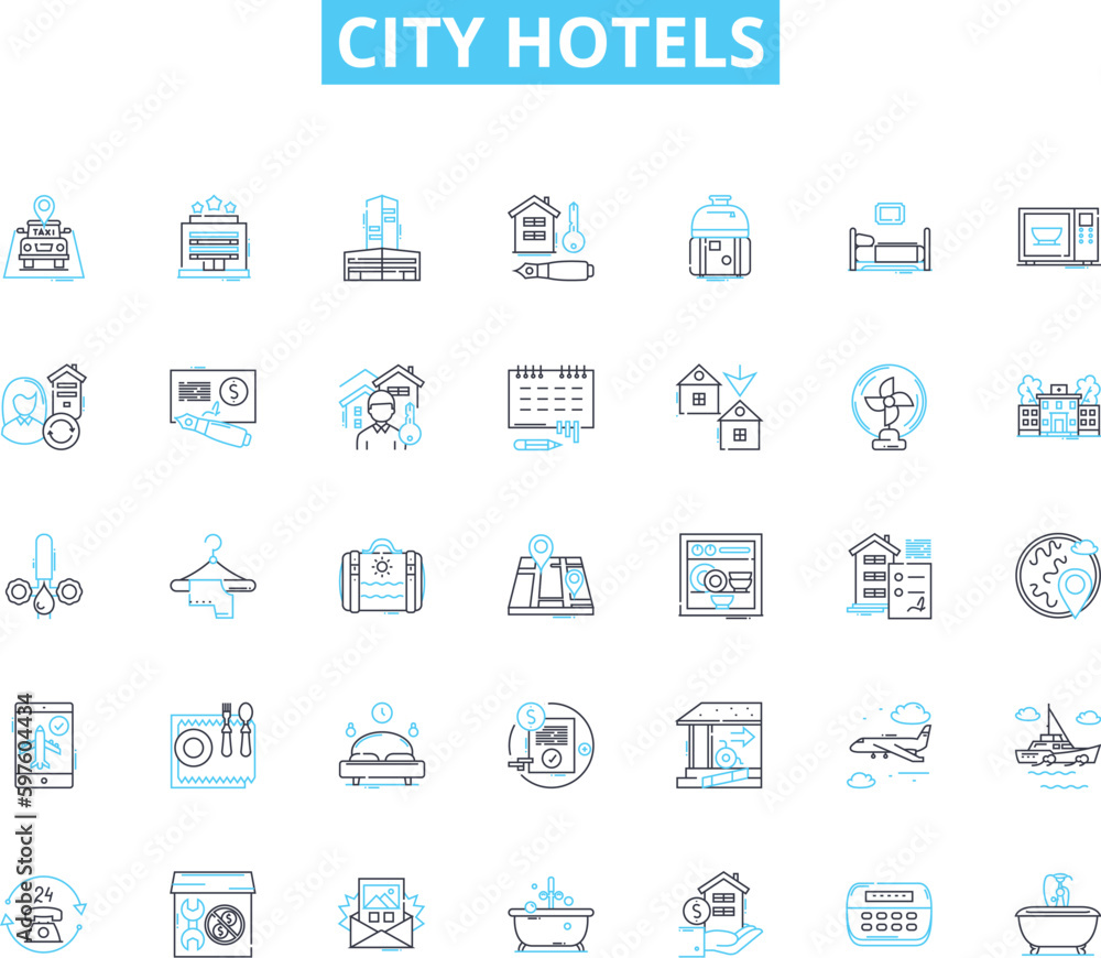 City hotels linear icons set. Luxury, Central, Boutique, Urban, Business, Cosmopolitan, Contemporary line vector and concept signs. Stylish,Modern,Iconic outline illustrations City hotels linear icons set. Luxury, Central, Boutique, Urban, Business, Cosmopolitan, Contemporary line vector and concept signs. Stylish,Modern,Iconic outline illustrations