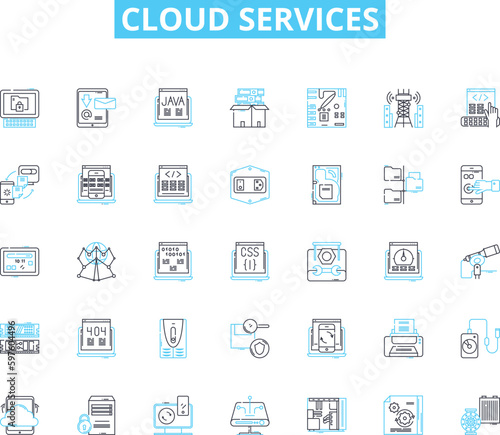 Cloud services linear icons set. Integration, Scalability, Accessibility, Reliability, Security, Efficiency, Flexibility line vector and concept signs. Virtualization,Multitenancy,Elasticity outline