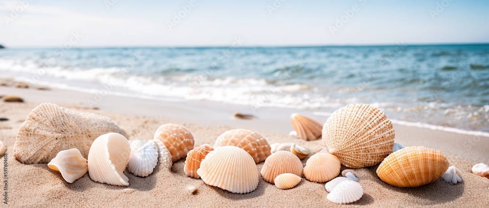 Seashells on the sand of the sea coastline. Generative AI. Seashells on the sand of the sea coastline. Generative AI.