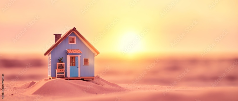 Miniature model of a wooden house on the coast, the concept of real estate by the sea. Generative AI. Miniature model of a wooden house on the coast, the concept of real estate by the sea. Generative AI.