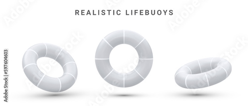 Set of 3d realistic inflatable rings ,.lifebuoy with shadow isolated on white background. Vector illustration