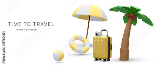 Marketing banner for online travel purchase in 3d realistic style with umbrella, suitcase, life buoy, palm tree ,camera and  bitch ball. Vector illustration