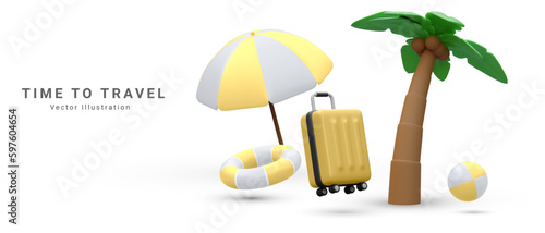 Marketing banner for online travel purchase in 3d realistic style with umbrella, suitcase, life buoy, palm tree  and  bitch ball. Vector illustration.