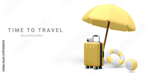 Marketing banner for online travel purchase in 3d realistic style with umbrella, suitcase, life buoy,camera and  bitch ball. Vector illustration