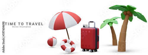 Marketing banner for online travel purchase in 3d realistic style with umbrella, suitcase, life buoy, palm tree ,camera and  bitch ball. Vector illustration